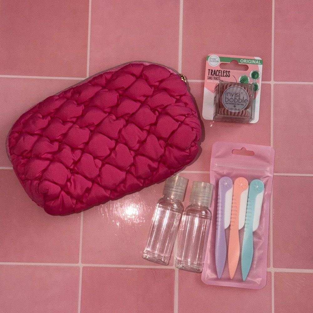 Pink Quilted Makeup Bag Bundle with Invisibobble Travel Bottles & Eyebrow Razors
